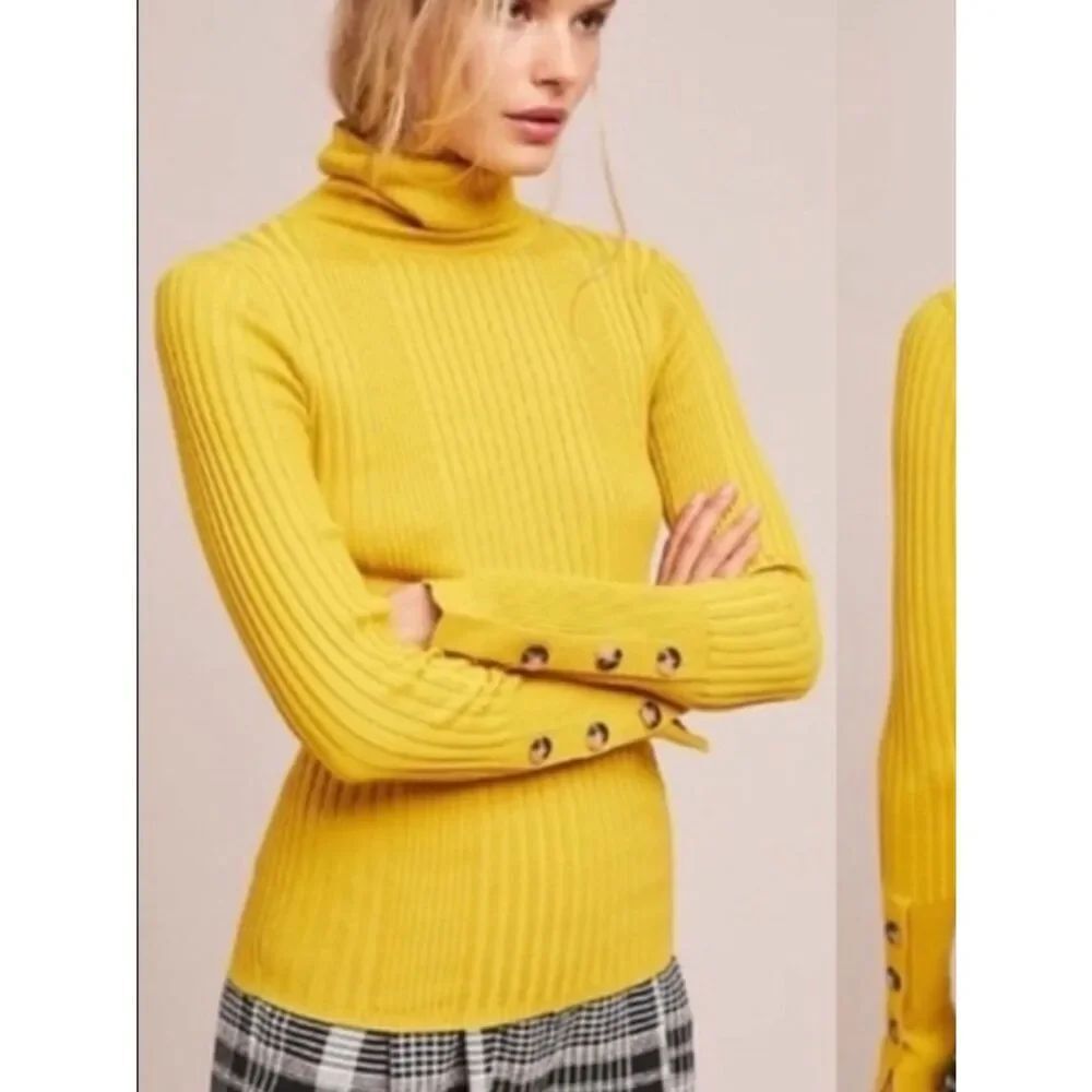 Anthropologie Moth Ribbed Turtleneck Sweater Mustard Yellow Women’s XS
